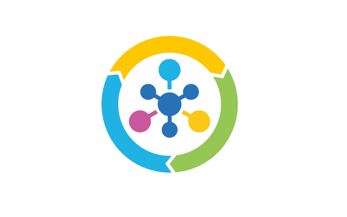 Sketch of a molecule within a circle, where the circle is made up of three connected arrows. The image represents accelerated materials discovery