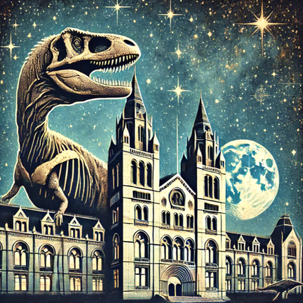 An imaginative picture of Natural History Museum at night with a dinosaur skeleton overlooking the building