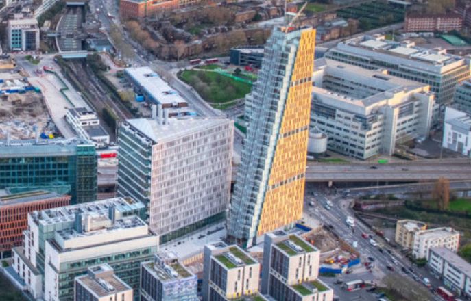 Aerial view of the White City Campus with two buildings 