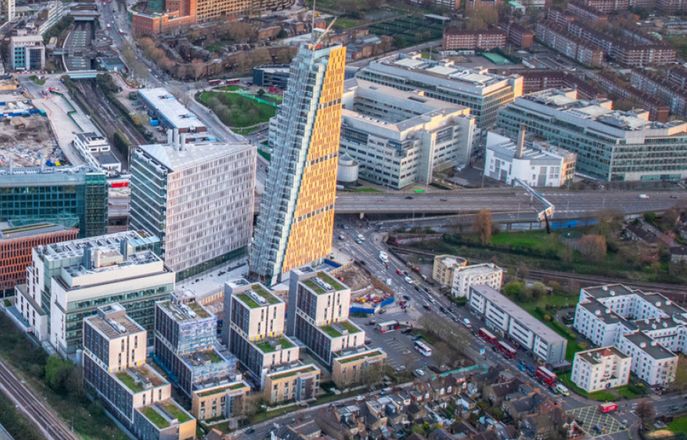 Aerial view of the White City Campus with two buildings 