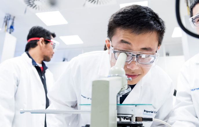 An image of a person looking into a microscope in the lab