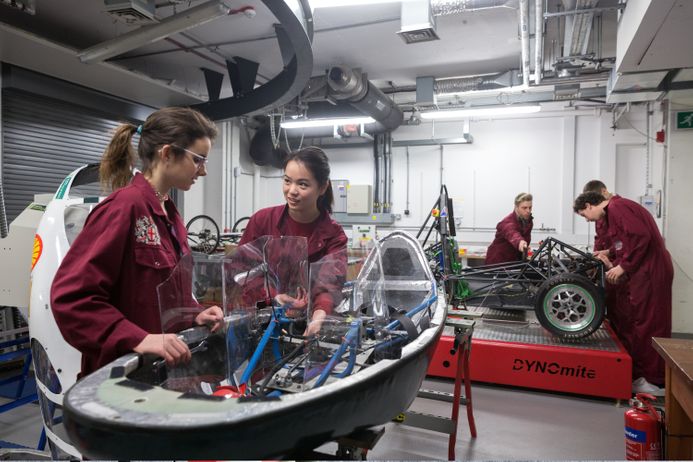 ShellEcomarathon vehicle and students