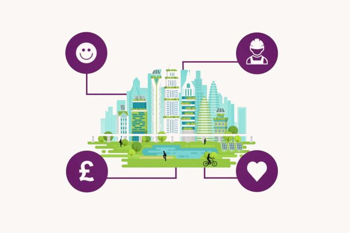 Graphic showing futuristic city with icons showing a person in a hard hat, a heart, a pound sign and a smiley face