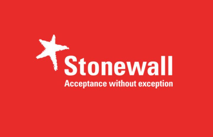 Red background with white text reading Stonewall Acceptance without exception next to a star