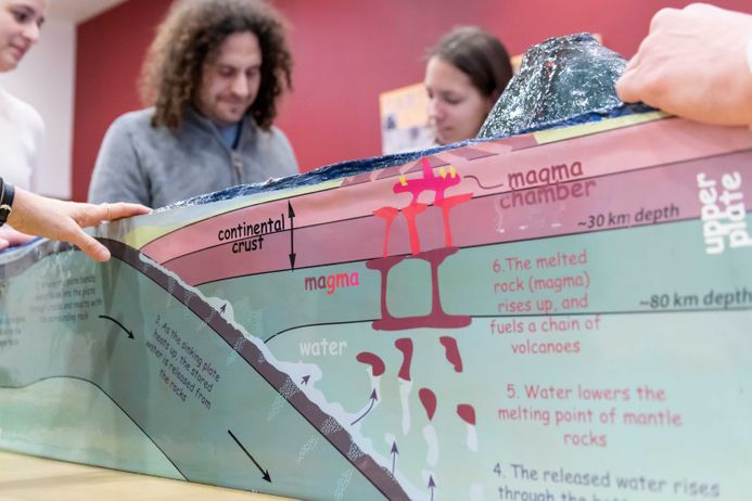 Tectonic plate model close-up with students in background