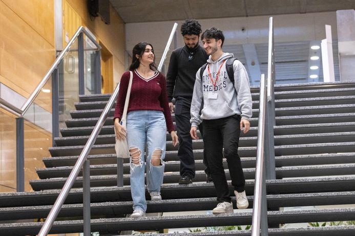 Undergraduate students walking down some stairs