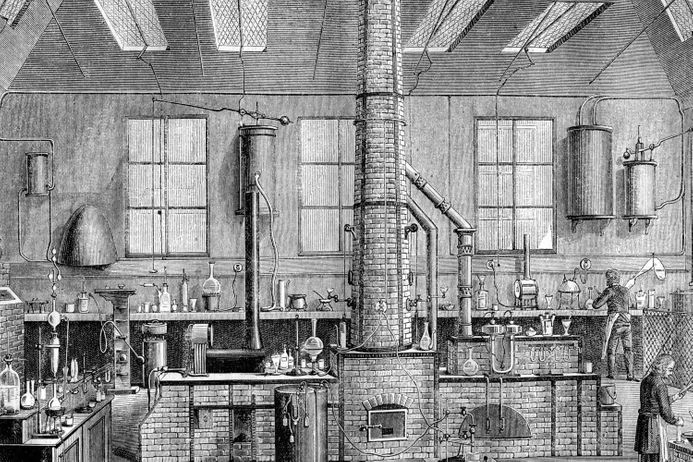 Drawing of an old early Victorian lab in black and white