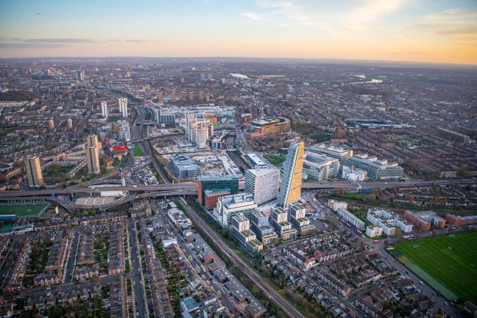 Aerial view of White City Campus and the Westway