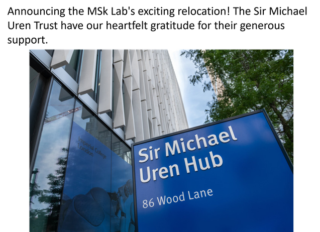 Announcing the MSk Lab's exciting relocation! Gratitude to The Michael Uren Trust for their generous support. Join us in our new home at the stunning Sir Michael Uren Hub building, situated in the heart of Imperial College's White City campus. We have seven state-of-the-art laboratories, ready to drive innovation and discovery.