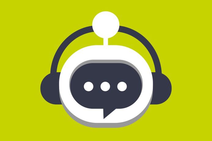 Graphic illustration of robot with speech bubble and headphones