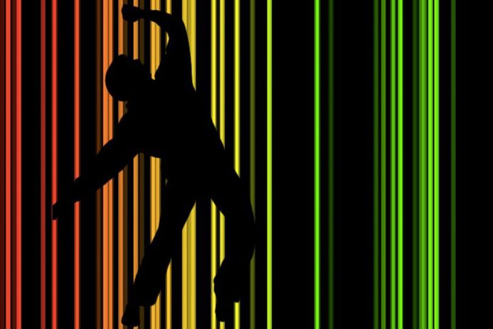 Illustration of a person dancing against a colourful background