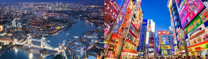 Tokyo and London at night