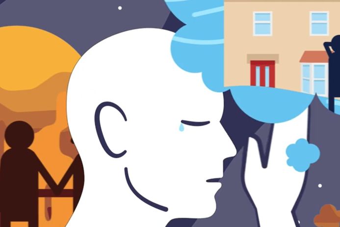 Still from the climate cares graphic showing a person's head with thought bubbles