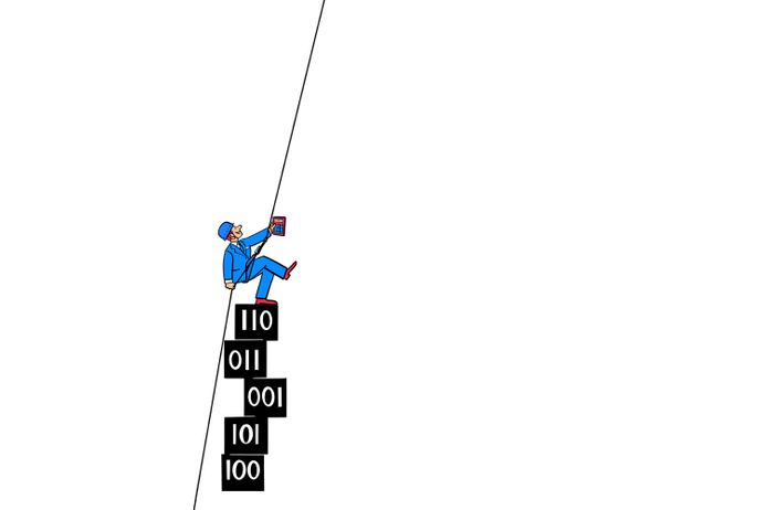 An illustration showing a business man climbing up a tower of blocks