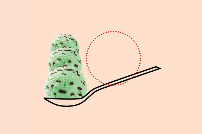 A composite showing an illustration of a spoon and a photograph of scoops of ice cream