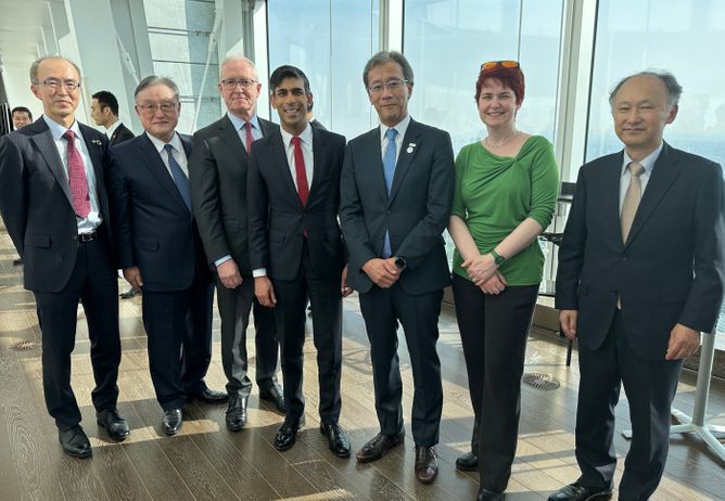Professor Ryan with President Brady, UK Prime Minister Rishi Sunak, Hitachi and University of Tokyo leadership in Tokyo announcing a new partnership for cleantech and energy research