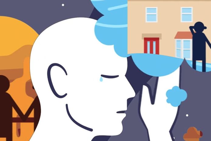 Animation showing a person's head with a speech bubble coming out of it, depicting floods