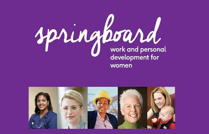 Text reads 'Springboard work and personal development for women' with profile photos of 5 different women