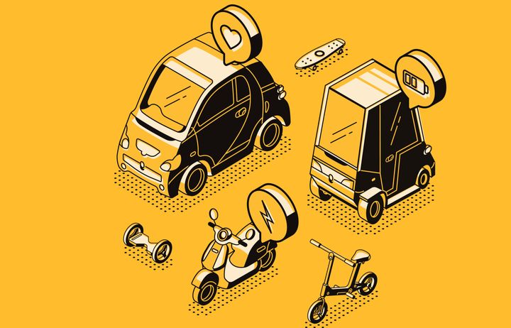 Illustration of electric vehicles of different types such as cars and scooters