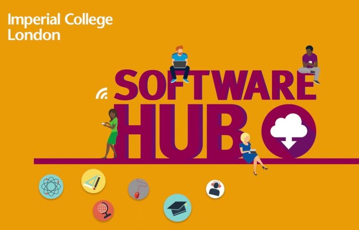 Cartoon style logo which reads Software Hub with images of people around it