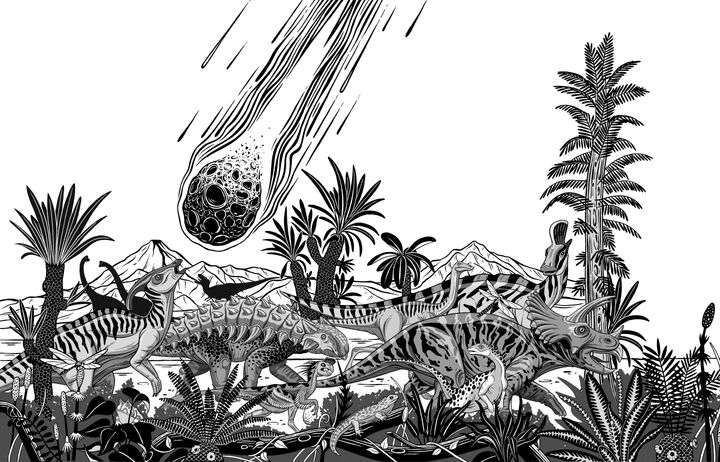 Illustration of meteor hitting a field full of dinosaurs