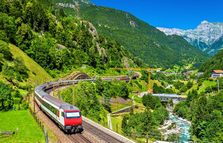 A train running through beautiful countryside