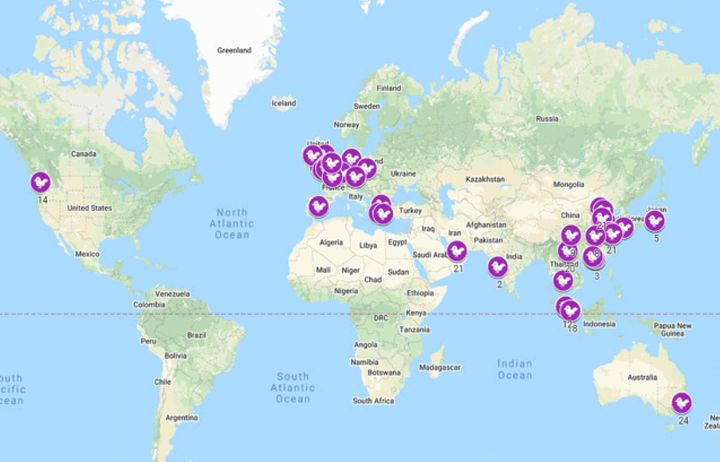World map showing participant locations for a remote teaching session