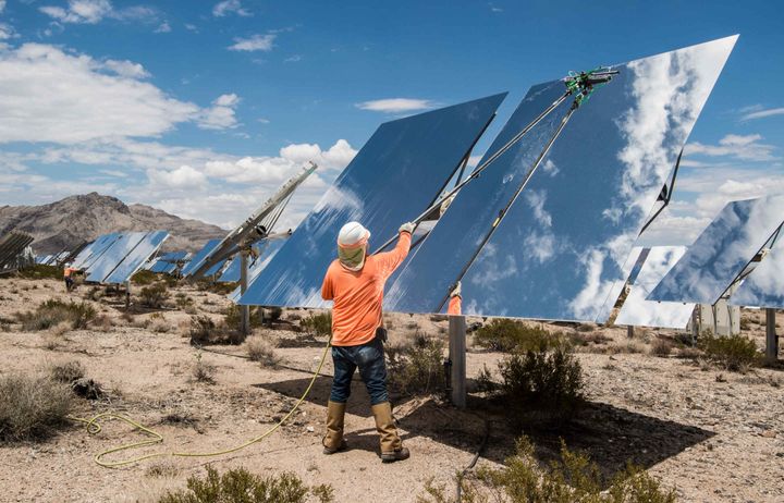 Contracted workers clean Heliostats at the Ivanpah Solar Project