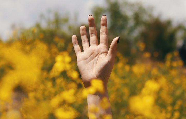 hand reaching through flowers
