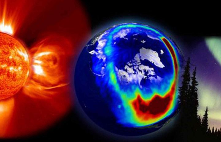 Artist impression of the Earth in between the Sun and the Aurora Borealis