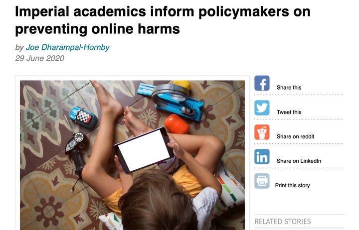Screenshot of news item about Imperial academics informing policymakers on preventing online harms