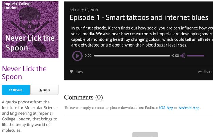 Screenshot of podcast player showing Episode 1 of never lick the spoon podcast