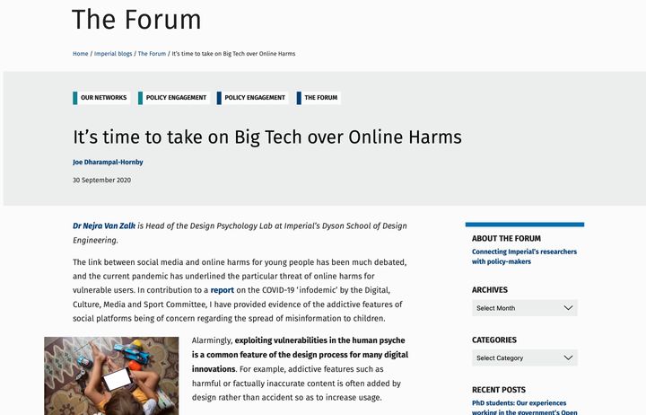 Screenshot of Big Tech blog post entitled 'It's time to take on Big Tech over Online Harms'