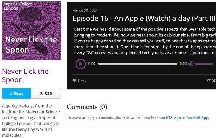 screenshot of podcast player showing Episode 16 of never lick the spoon podcast