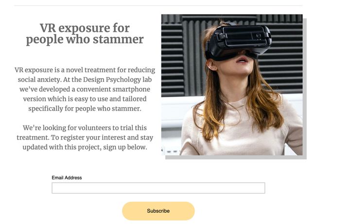 Screenshot of advert for VR exposure for people who stammer showing Nejra Van Zalk wearing VR goggles