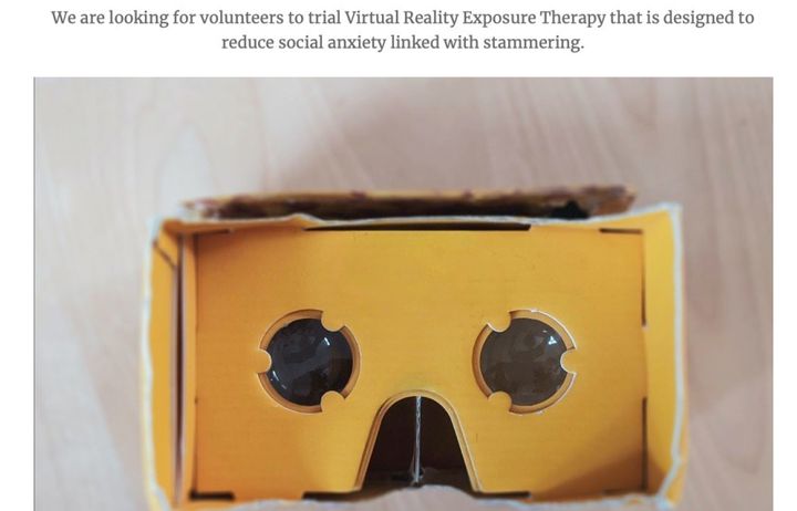 Screenshot of advert for VR exposure for people who stammer showing VR cardboard holder