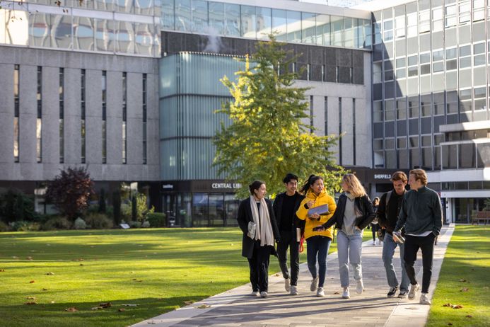 students walking across Dangoor Plaza