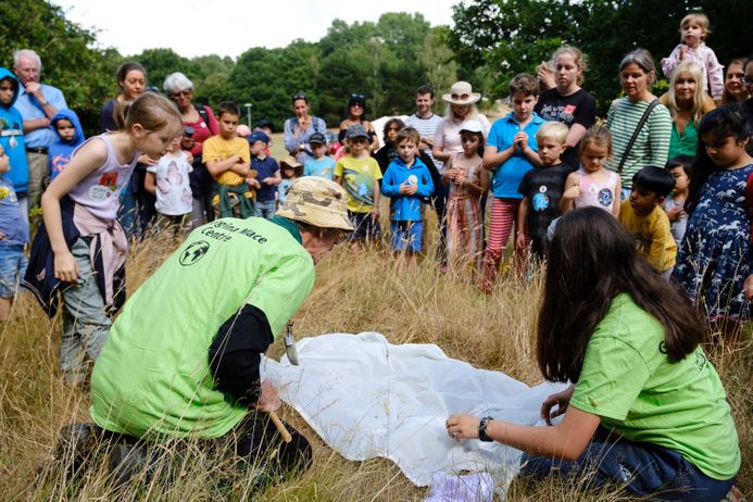 Group of young people observing educators examine a net on a patch of field