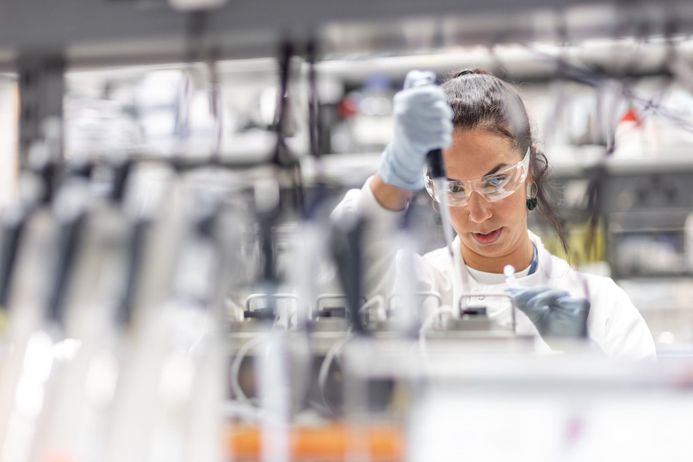 A researcher uses a pipette in a laboratory