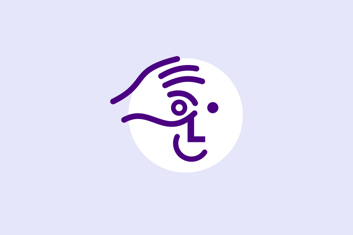 Smiling face graphic with one hand over one eye