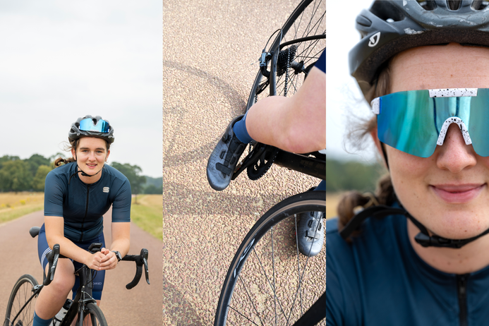 Three images of Carys Bill on her bike in Richmond Park