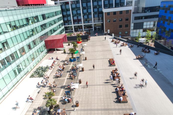 An aerial view of people walking across Dalby Courtyard