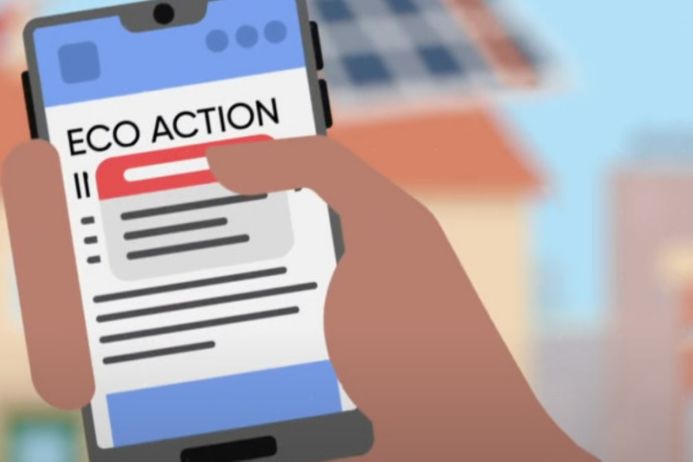 illustration of person holding phone with climate action messaging