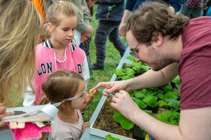 Children interacting with an exhibit in the Family Fun zone at the Great Exhibition Road Festival