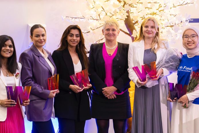 The five WE Innovate finalists for 2024 with Dame Kate Bingham, Managing Partner of SV Health Investments