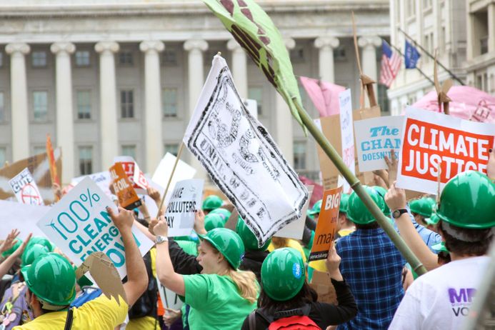 Close up view of a crowd of climate protesters