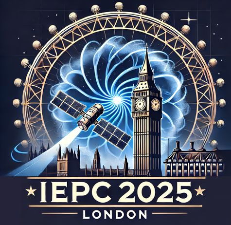 Logo of IEPC 2025 featuring London Eye, Big Ben, and a satellite going through the London Eye as a portal