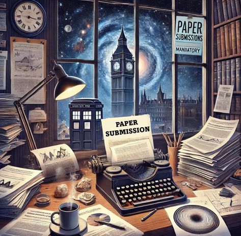 A picture showing a typewriter, stack of papers, a coffee mug in front of a window looking to London with the backdrop of a galaxy