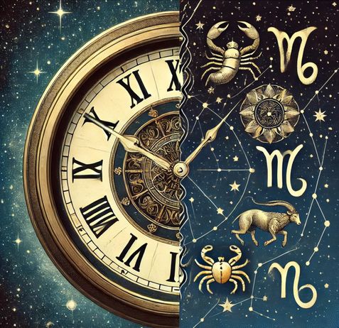 A collage showing half of a clock besides half of the zodiac constellations