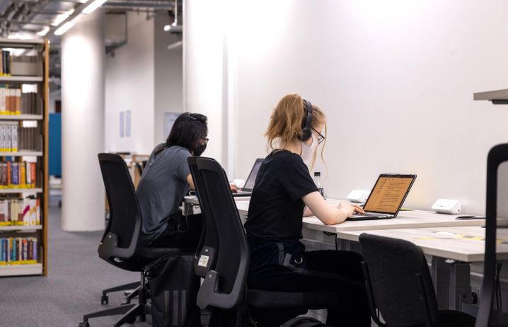 People sat in front of their laptops in the library.